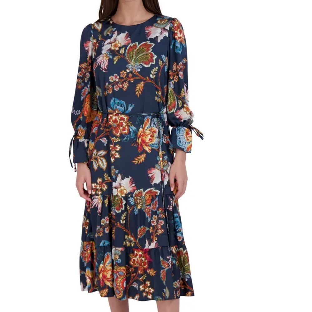 Julia Jordan floral print tie waist tiered midi dress in navy multi